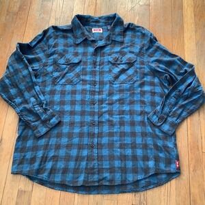 Wrangler Shirt Men's Size 2XL Button Up Fleece Flannel Blue‎ Black Plaid Western